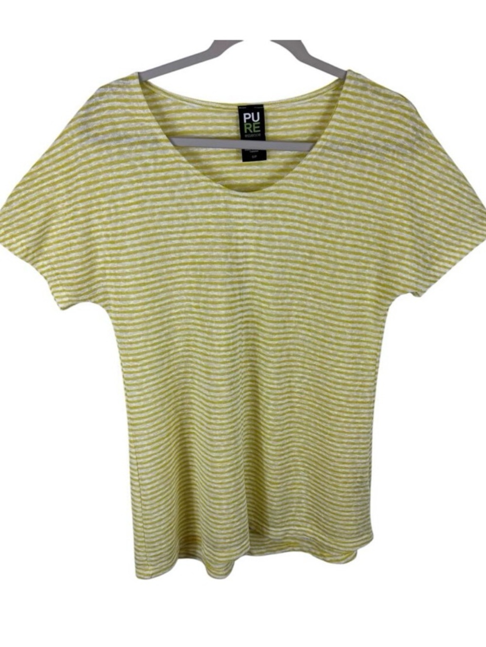 Pure Essence Yellow White Striped Short Sleeve Lightweight Round Neck Blouse S